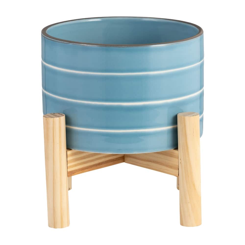 Sagebrook Home Ceramic Planter on Wooden Base Contemporary Coastal Sky Blue and White Striped Design Indoor or Outdoor