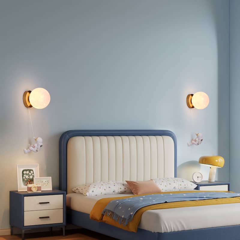 Modern Cute Moon & Astronaut Wall Sconce - Art Deco Explore Headboard Cordless G9 Wall Light for Kids’ Room - white