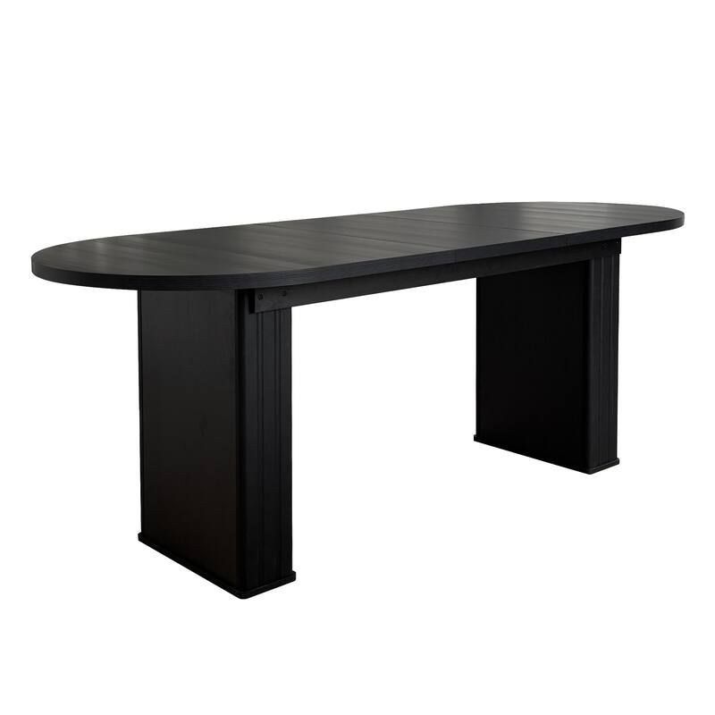 Kitchen extendable dining table for 4-8 people, oval kitchen table with wooden strip base for family living room (black)