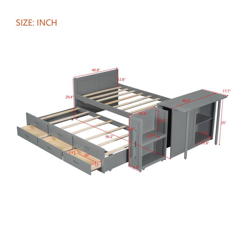 Twin Size Wood Platform Bed with Desk, Storage Shelf, Trundle, and 3 Drawers, Gray