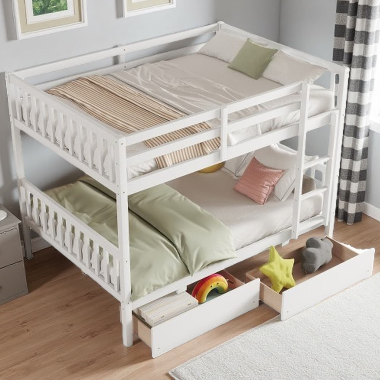 Full Over Full Bunk Bed with Drawers, Solid Rubber Wood Frame with Ladder & Guardrails, Detachable into Two Beds