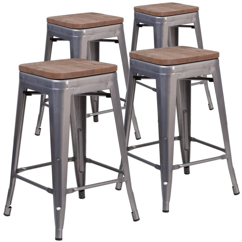 4Pk 24" High Backless Clear Coated Metal Counter Height Stool - Square Wood Seat