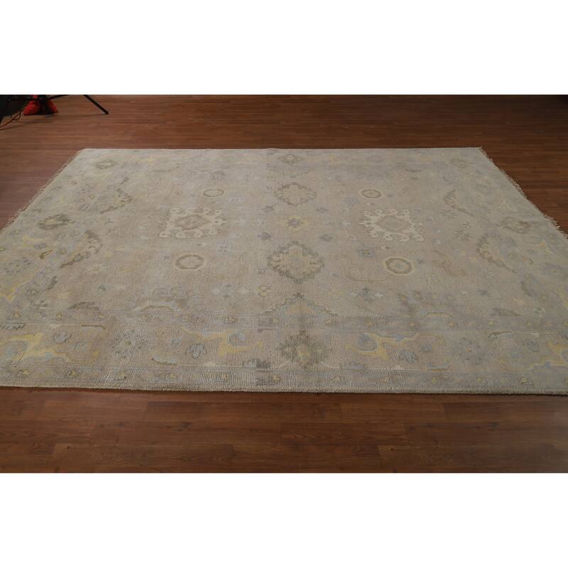 Geometric Beige Oushak Indian Area Rug Hand-Knotted Wool Carpet - 7'10"x 9'10"