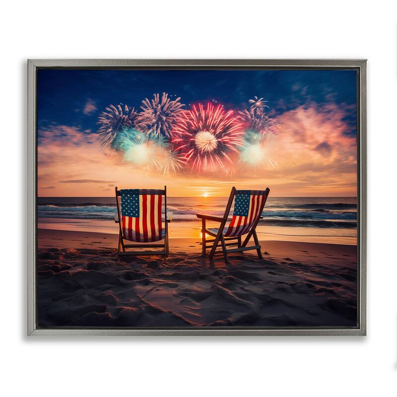 Stupell Summer Fireworks at Beach Framed Floater Canvas Wall Art Design By Arlington Prints - 31 x 25 - Grey