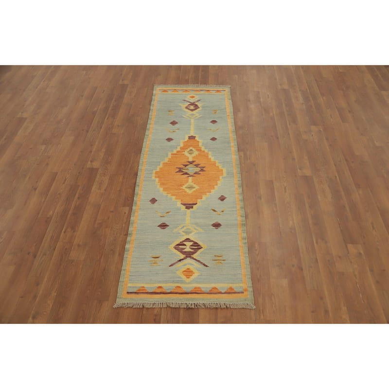 Hand Woven Oriental 100% Wool Carpet Southwestern Tribal Navy Blue & Blues Kilim Runner Rug - 6' 0'' X 2' 0''