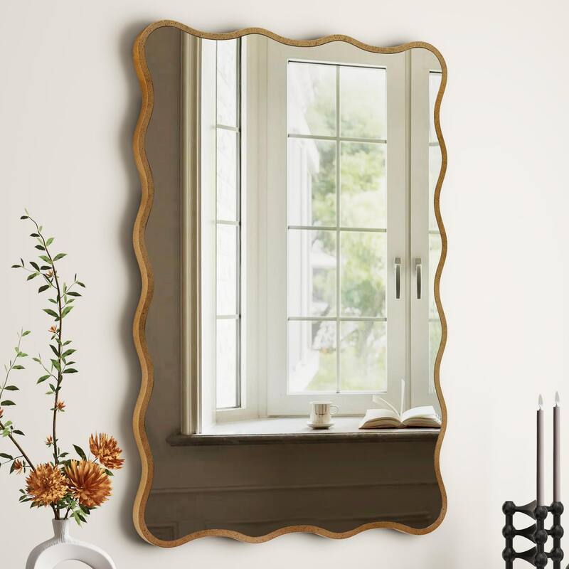 Antique Gold Wall Mirror Rectangle Wave Metal Accent Mirror - 30"×20"
