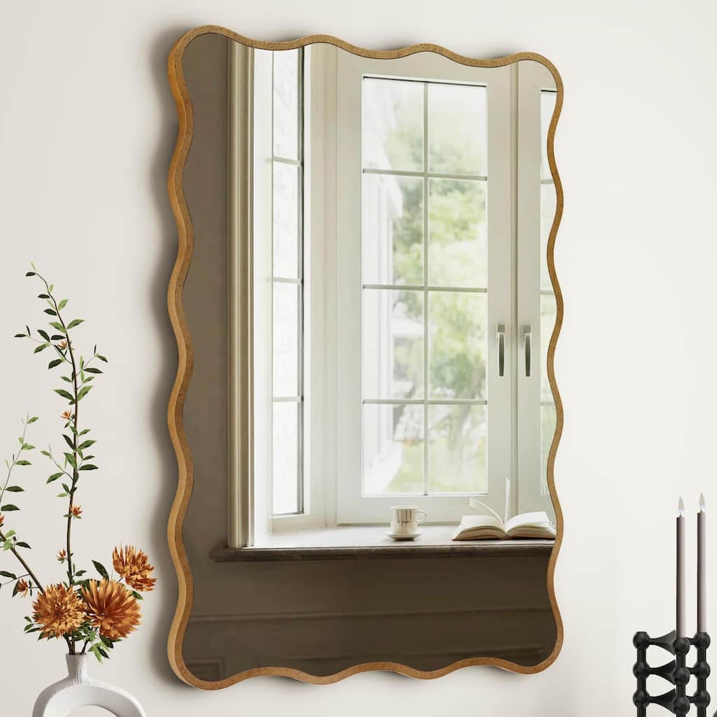 Antique Gold Wall Mirror Rectangle Wave Metal Accent Mirror - 30"×20"