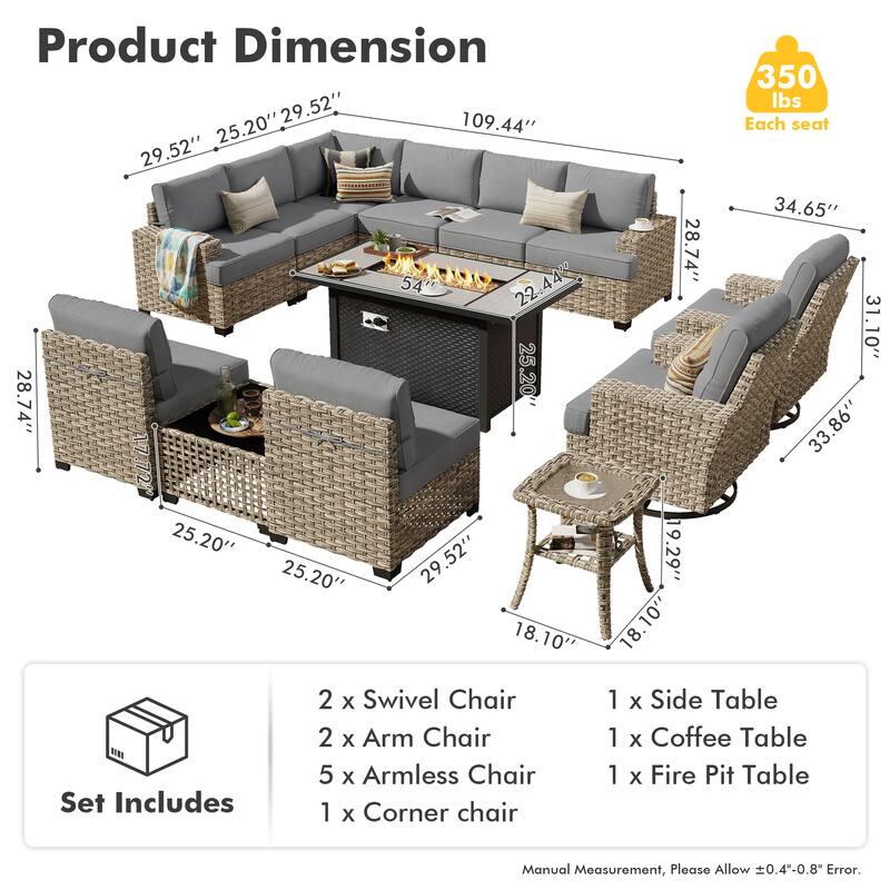 HOOOWOOO 13-piece Outdoor Wicker Furniture Swivel Chair Set with 54" Fire Pit Table