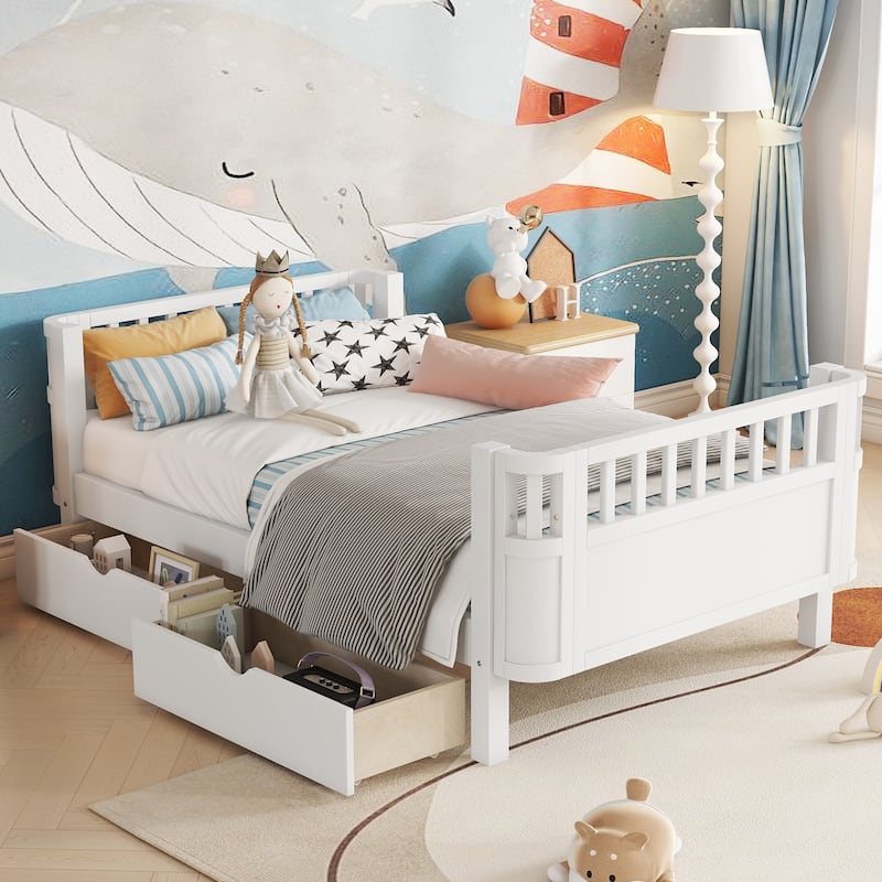 Twin Size Wood Platform Bed for Kids, Wood Low Profile Twin Bed with Rails for Girls and Boys