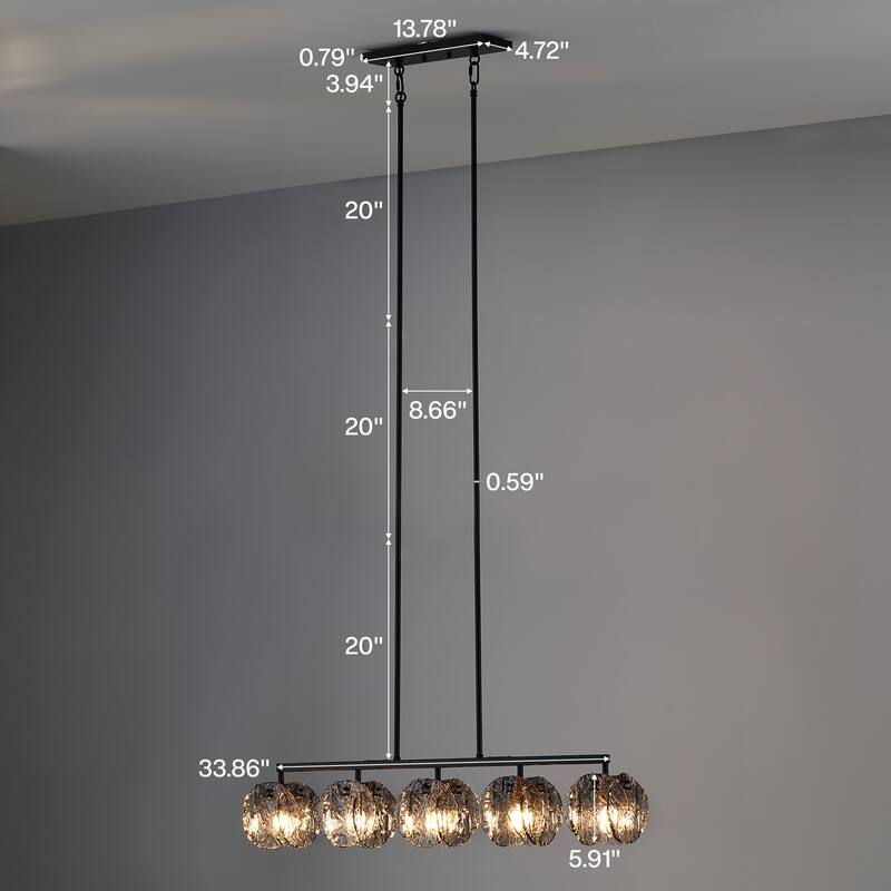 5-Light Linear Chandelier with Hand-Blown Smoke Gray Glass Shades - Smoky Gray