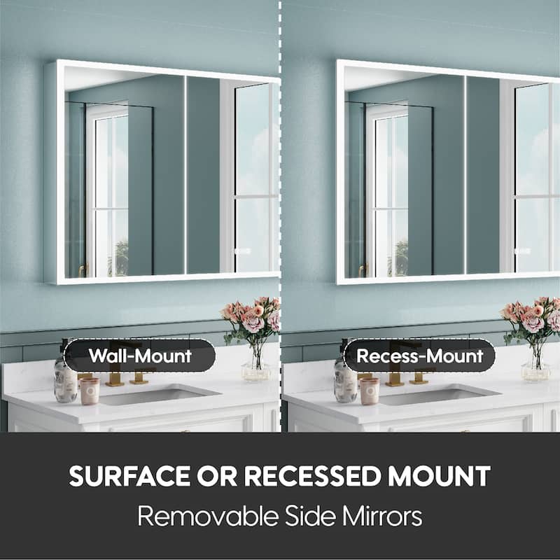 30'' H Recessed or Surface Frameless LED Mirror Cabinet With Defogger, Dimmer, Outlets & USB Ports 