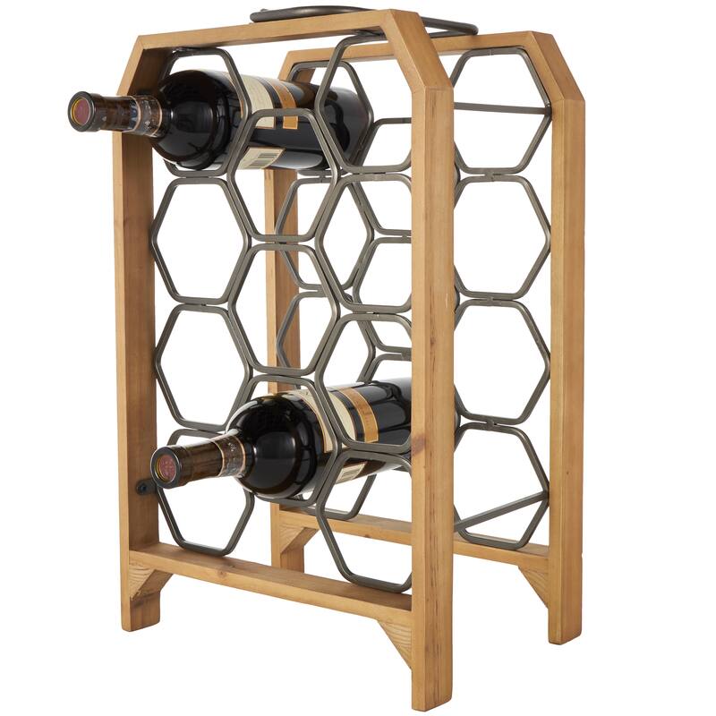 Brown Wood 11 or 8 Slot Geometric Wine Rack with Gray Metal Curved teardrop or Hexagon Holders