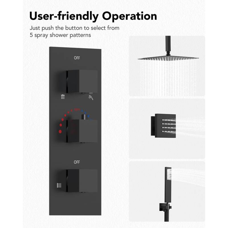 Thermostatic Shower System 12" Rain Shower Head with High Pressure Handheld Spray