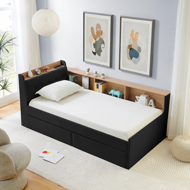 Roomfitters Twin Daybed with Storage Headboard, Wireless Charging, Drawers & Lighting, Velvet Upholstery