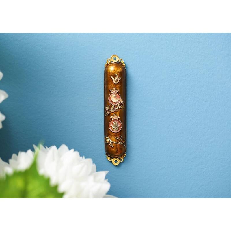 Hand Painted Enamel Mezuzah Embellished with a Dove and Hamsa Design with Gold Accents and High Quality Crystals by Matashi