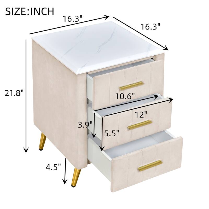 Upholstered Wooden Nightstand with 3 Drawers with Marbling Worktop
