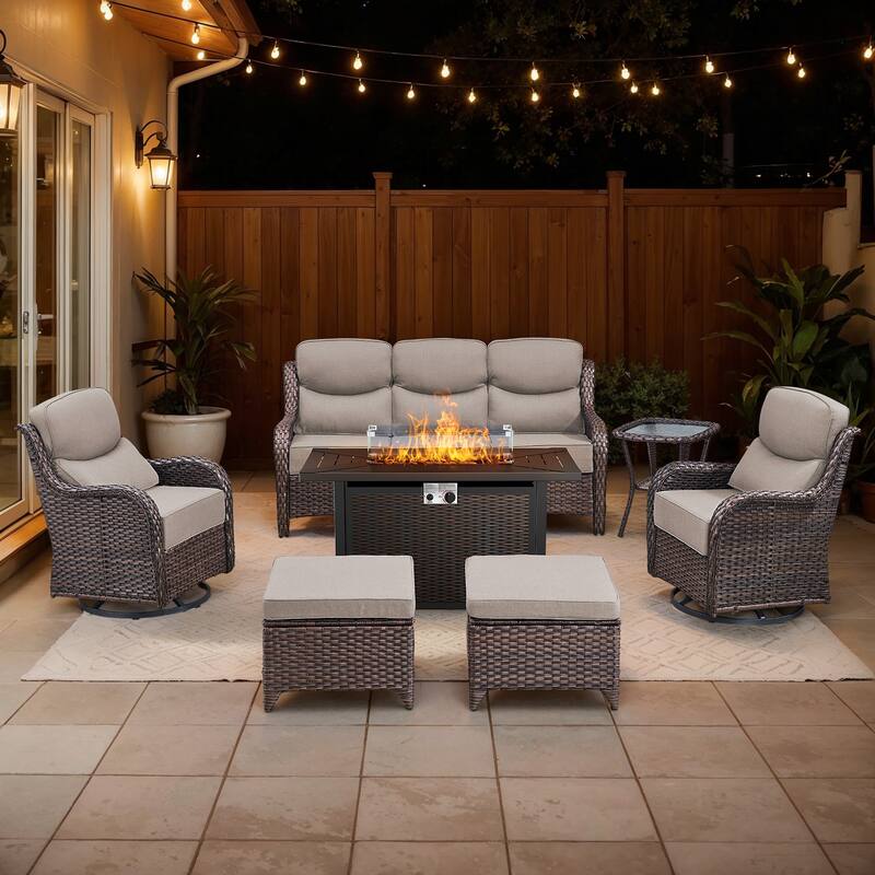 Gymojoy 7-Piece Wicker Patio Furniture Sofa Set with Fire Pit Table, 6-Inch Thick Cushion Swivel Glider Chairs & Ottomans - Brown Wicker / Beige Cusion - 7-Piece