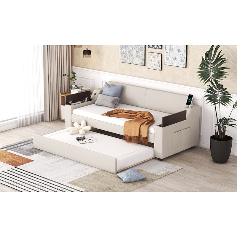 Upholstery Daybed with Storage Arms, Trundle and USB Design