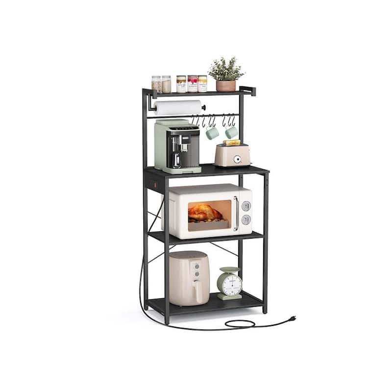 Steel Bakers Rack with Power Strip, Hooks and Adjustable Shelf - 15.7"D x 23.6"W x 55.1"H - Charcoal Grey-Ink Black