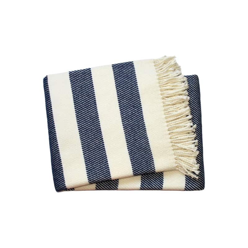 HomeRoots 55" X 70" Blue And Cream Striped Cotton Plush Throw Blanket