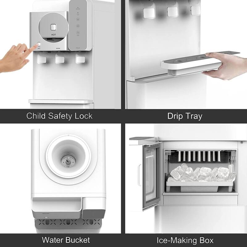 Modern White Hot and Cold Water Cooler Dispenser with Built-in Ice Maker