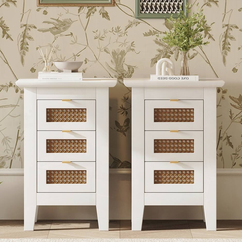 Wooden Nightstands Set of 2 with Rattan-Woven Surfaces and Three Drawers