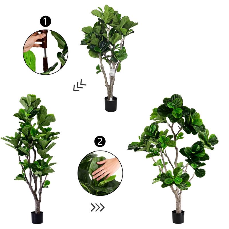 Artificial Fiddle Leaf Fig Tree - 2 Variants (4ft/5.75ft), Faux Green Plant in Black Plastic Pot, Indoor Low-Maintenance Decor
