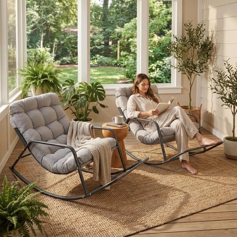 Oversized Papasan Rocking Lounge Chair with Footrest, Heavy-Duty 450lbs Metal Frame, Indoor Outdoor Patio Rocker with Cushion