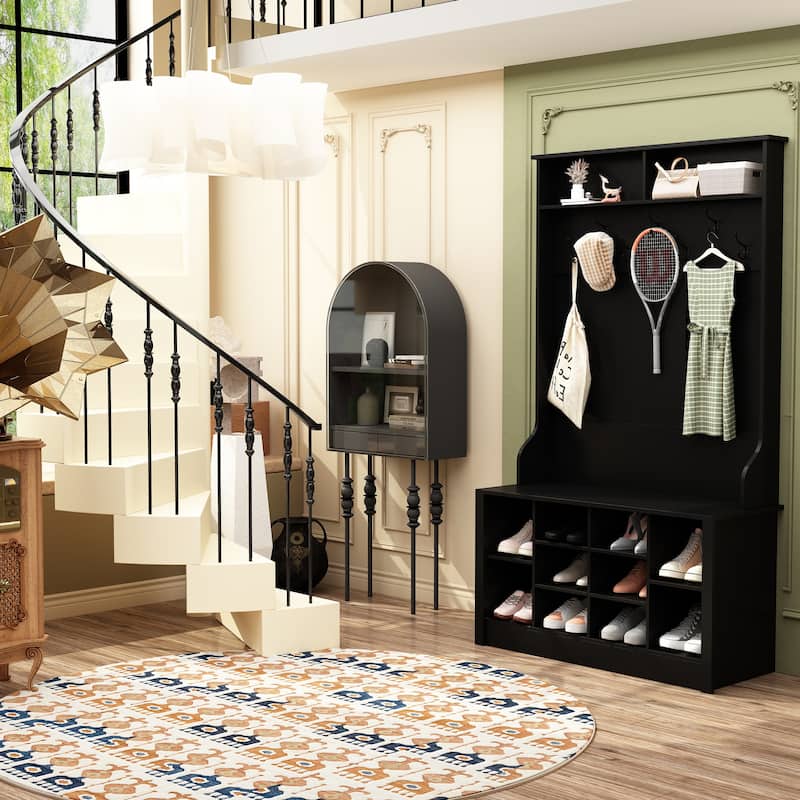 Entryway Hall Trees Bench Shoe Storage Cabinet Coat Rack Hooks White