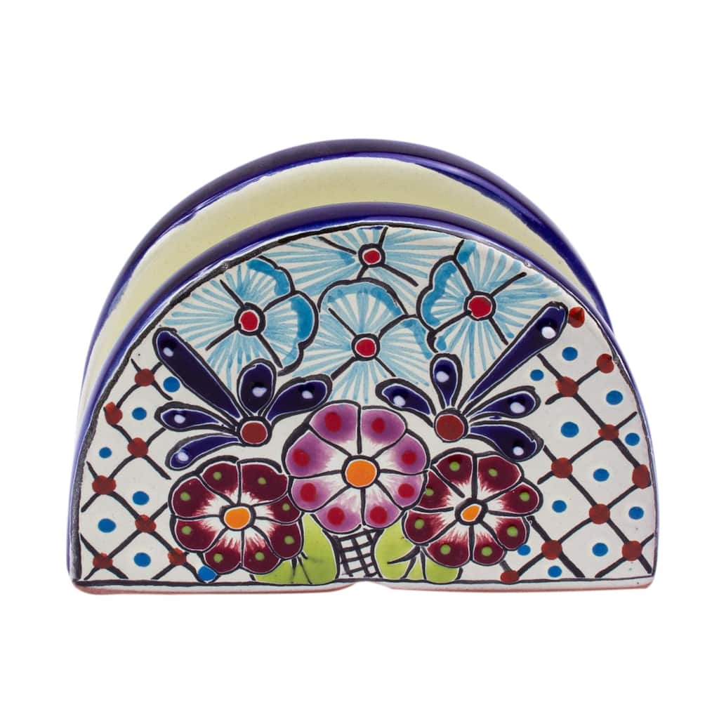 Novica Handmade Traditional Flowers Ceramic Napkin Holder
