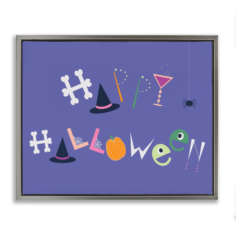 Stupell Eclectic Happy Halloween Framed Floater Canvas Wall Art Design By Sazerelli Designs - 31 x 25 - Grey