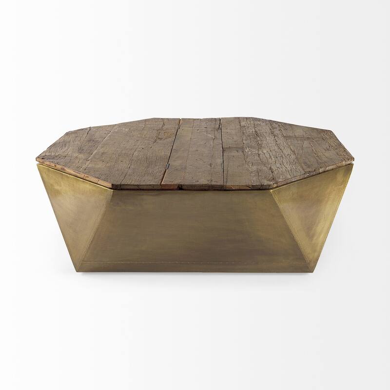 Esagono Gold Metal-Clad Reclaimed Wood Octagonal Coffee Table w/ Storage - 48.0L x 48.0W x 14.2H