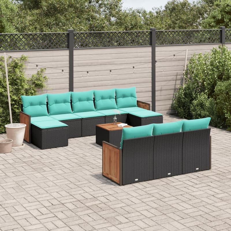 vidaXL 10 Piece Patio Sofa Set with Cushions Black Poly Rattan - 21.7x27.2x24.4-With table