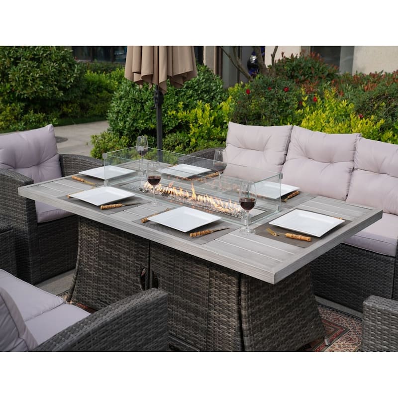 Outdoor 7-Piece Wicker Patio Sofa Set with Fire Pit Table,Gray