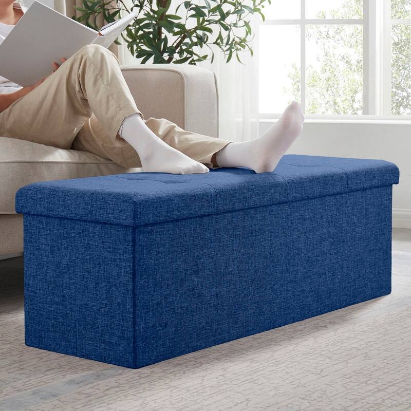 Foldable Tufted Linen Storage Ottoman Bench
