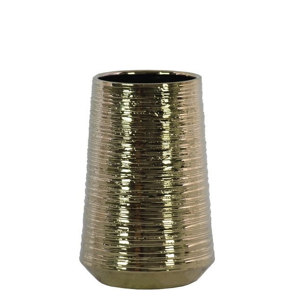 Round Ceramic Vase With Combed Design, Medium, Gold