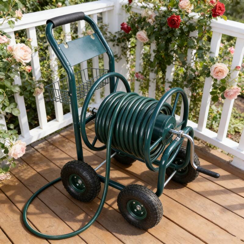 Anmytek Heavy Duty Four Wheel Garden Hose Reel Cart with Large Capacity Steel Reel, Powder Coated Rust Resistant Frame