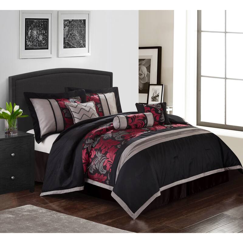 Nanshing Liana Embroidered Red and Black 7-Piece Floral Comforter Set - Black and Red - California King