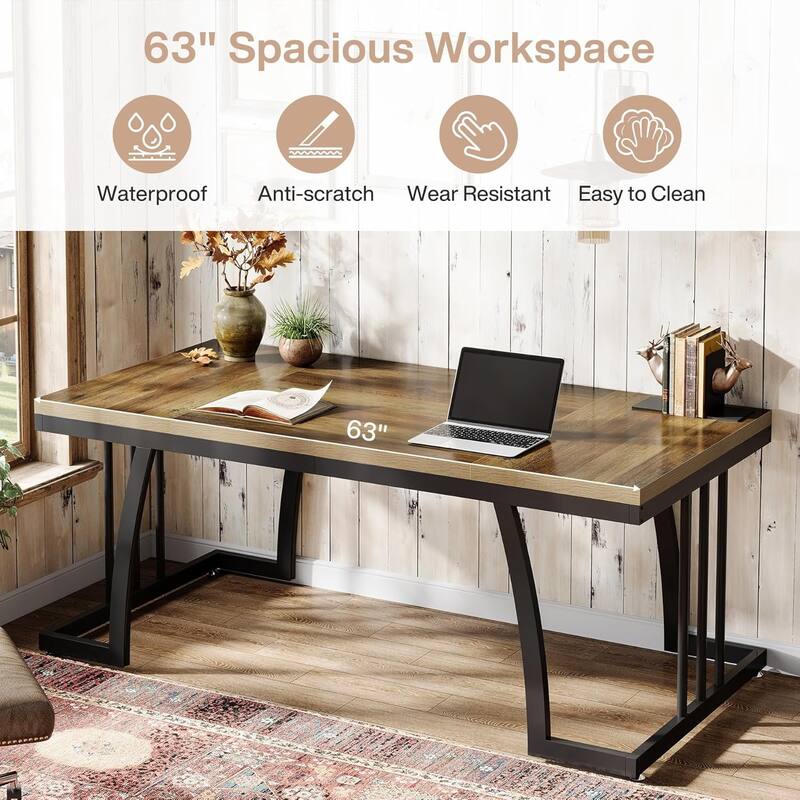 63" Executive Desk with Sturdy Metal Frame, Modern Simple Writing Study Table for Home Office