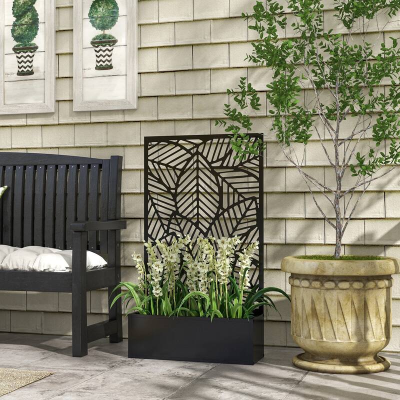 Outsunny Outdoor Privacy Screen with Planter Box, Metal Privacy Panel, and Raised Garden Bed - Black