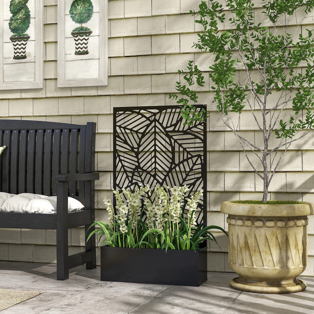 Outsunny Outdoor Privacy Screen with Planter Box, Metal Privacy Panel, and Raised Garden Bed