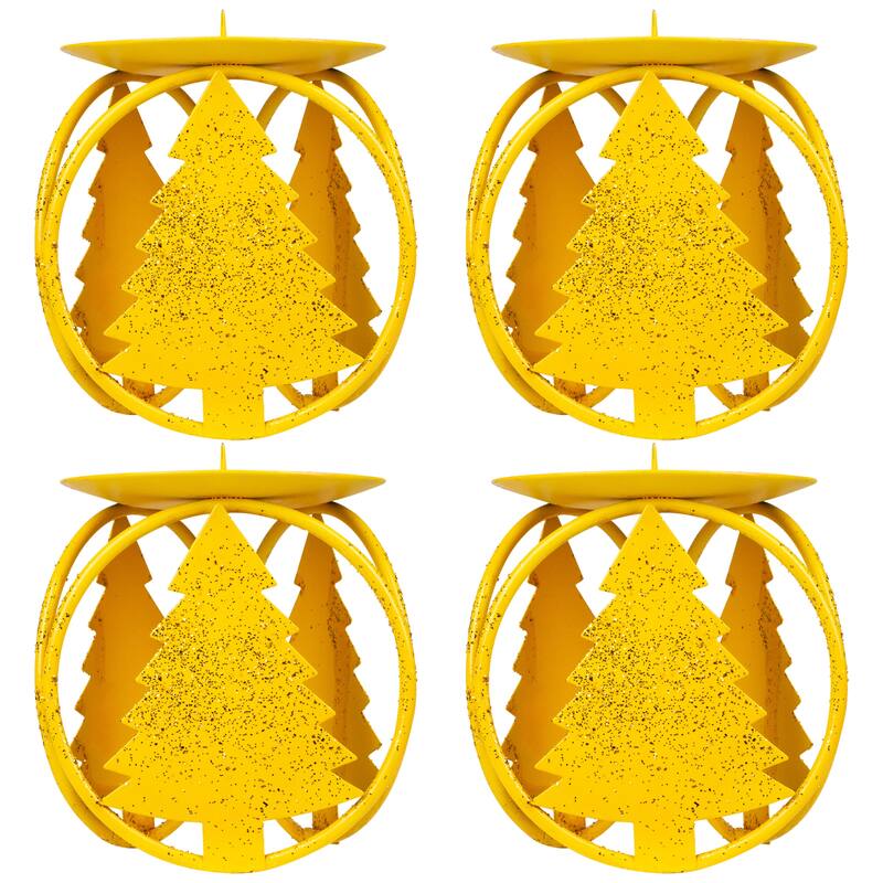 Glittered Metal Christmas Tree Pillar Candle Holders - 4.25" - Set of 4