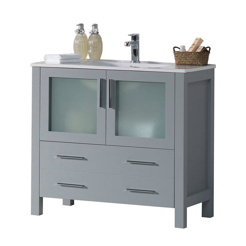 Blossom Solid Wood Double Bathroom Vanity w/ Ceramic Sink & Base - 36 Inch - Metal Grey