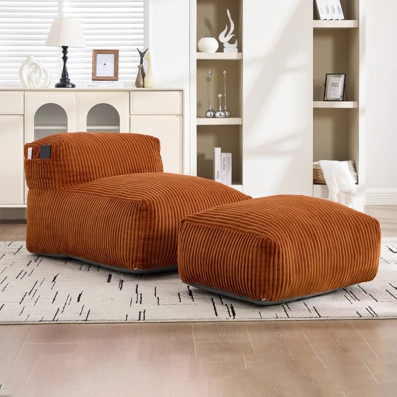 Corduroy Upholstered Lounger Large Ergonomic Support Compressed Bean Bag Sofa with Ottoman - Orange