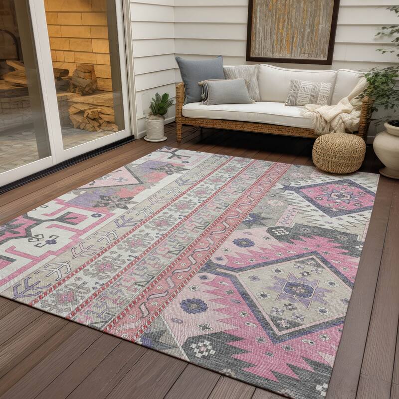 Machine Washable Indoor/ Outdoor Boho Tribal Chantille Rug - Pink - 10' x 14'