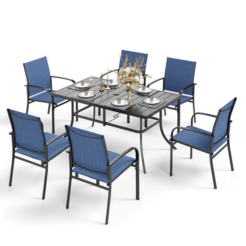 MAISON ARTS 7-Piece Patio Dining Set Metal Rectangle Table and 6 Textilene Chairs - Blue Chairs