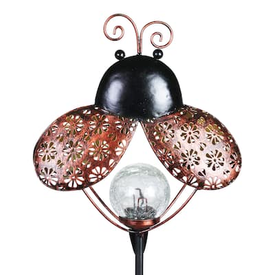 Exhart Solar Filigree Metal Ladybug Stake with Glass Crackle Ball Center in Bronze, 7.5 by 39 Inches