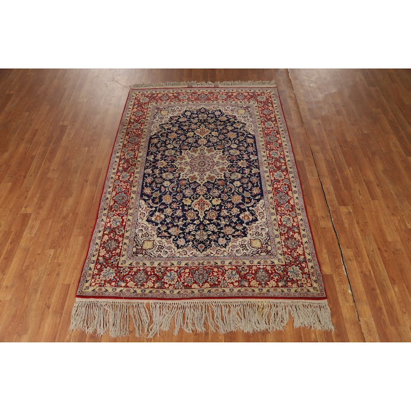 Hand Knotted Oriental 100% Wool Carpet Traditional Floral Navy Blue & Blues Isfahan Area Rug - 7' 5'' X 4' 9''
