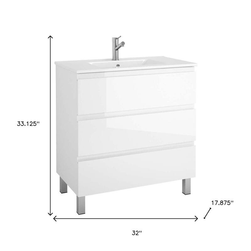 HomeRoots 32" White Wood Freestanding Bathroom Vanity With White Sink And Three Drawers - 32.00 in. x 33.12 in. x 17.88 in.