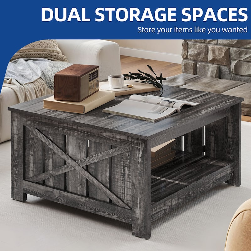 Modern Rustic Square Wood Coffee Table with Storage